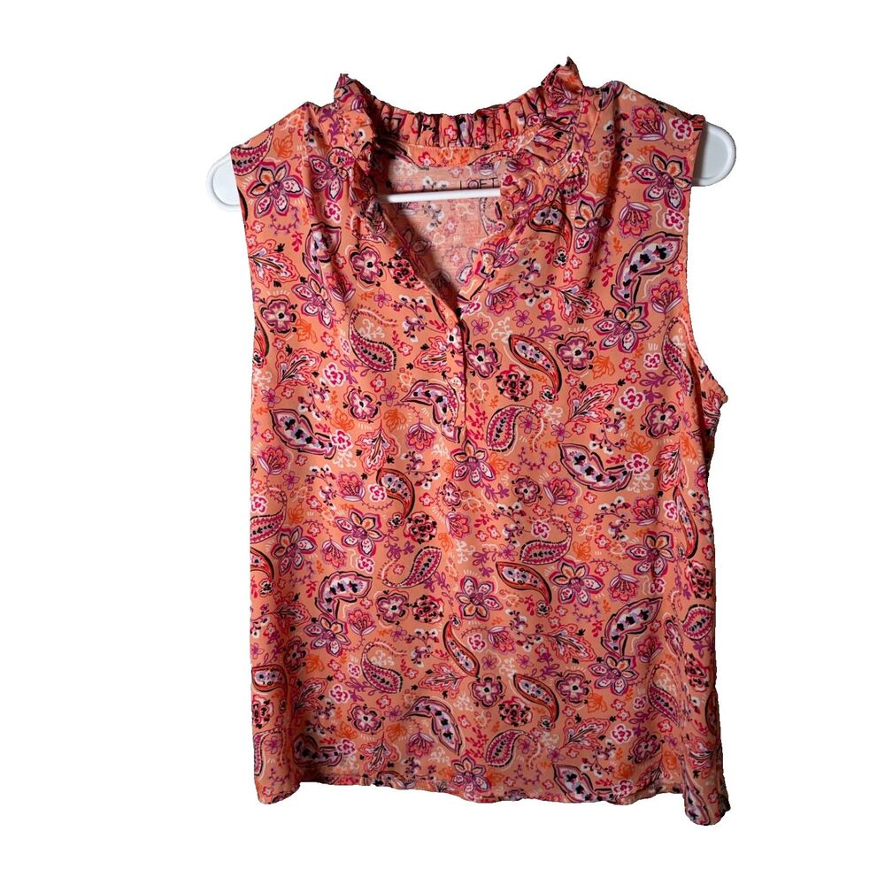 Loft Blouse Women's Small Orange Floral V-Neck Ruffle Sleeveless Casual Top